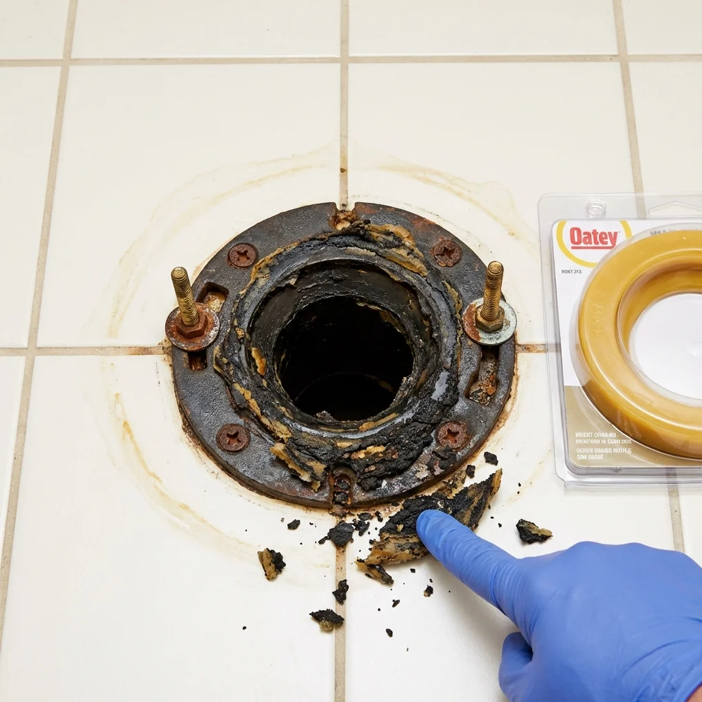 Failed wax ring showing water seepage at the base of a toilet in a Lake City, FL home