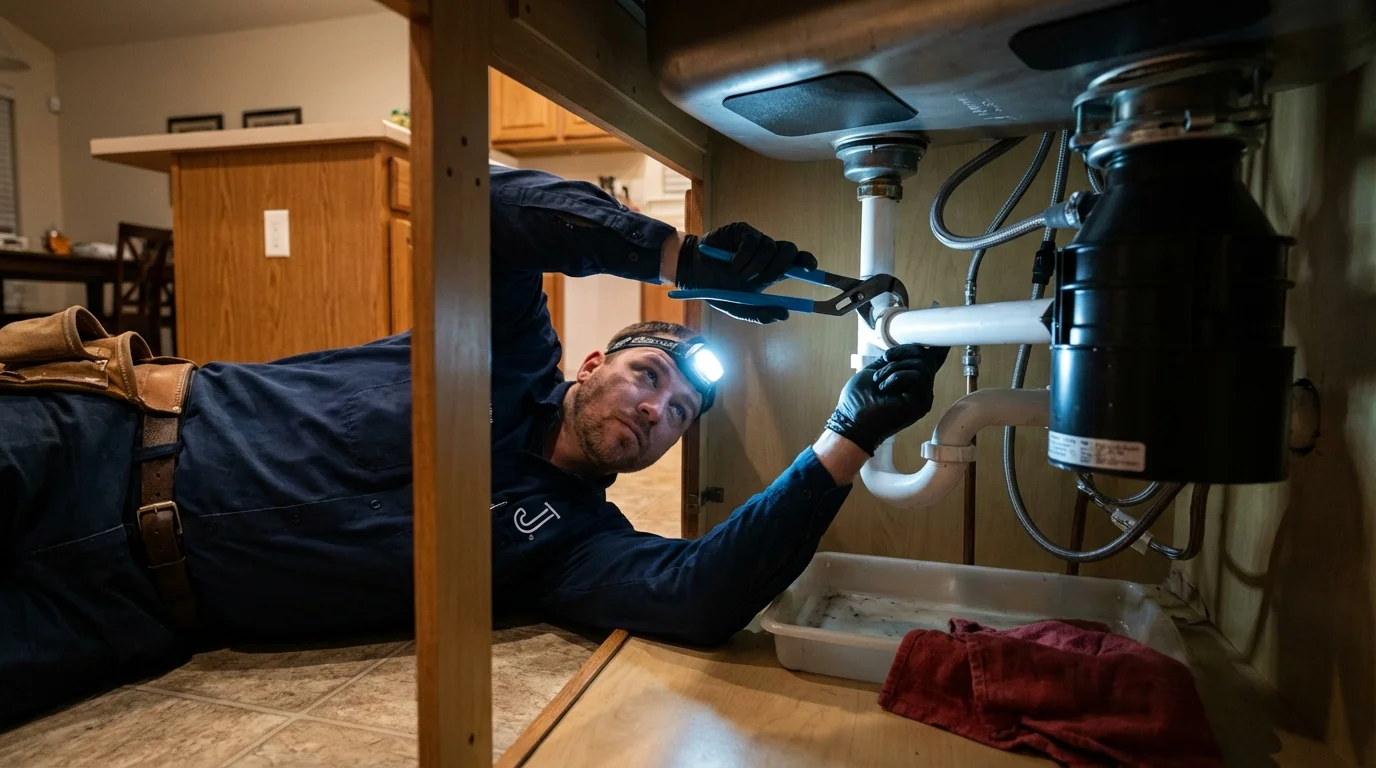 P-trap and supply line connections under a kitchen sink showing a common leak point in Lake City, FL